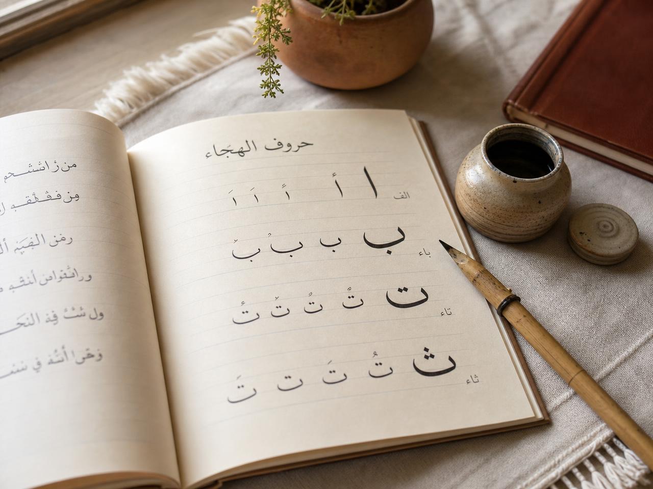 Cahier d'apprentissage de l'arabe avec des mots écrits à la main