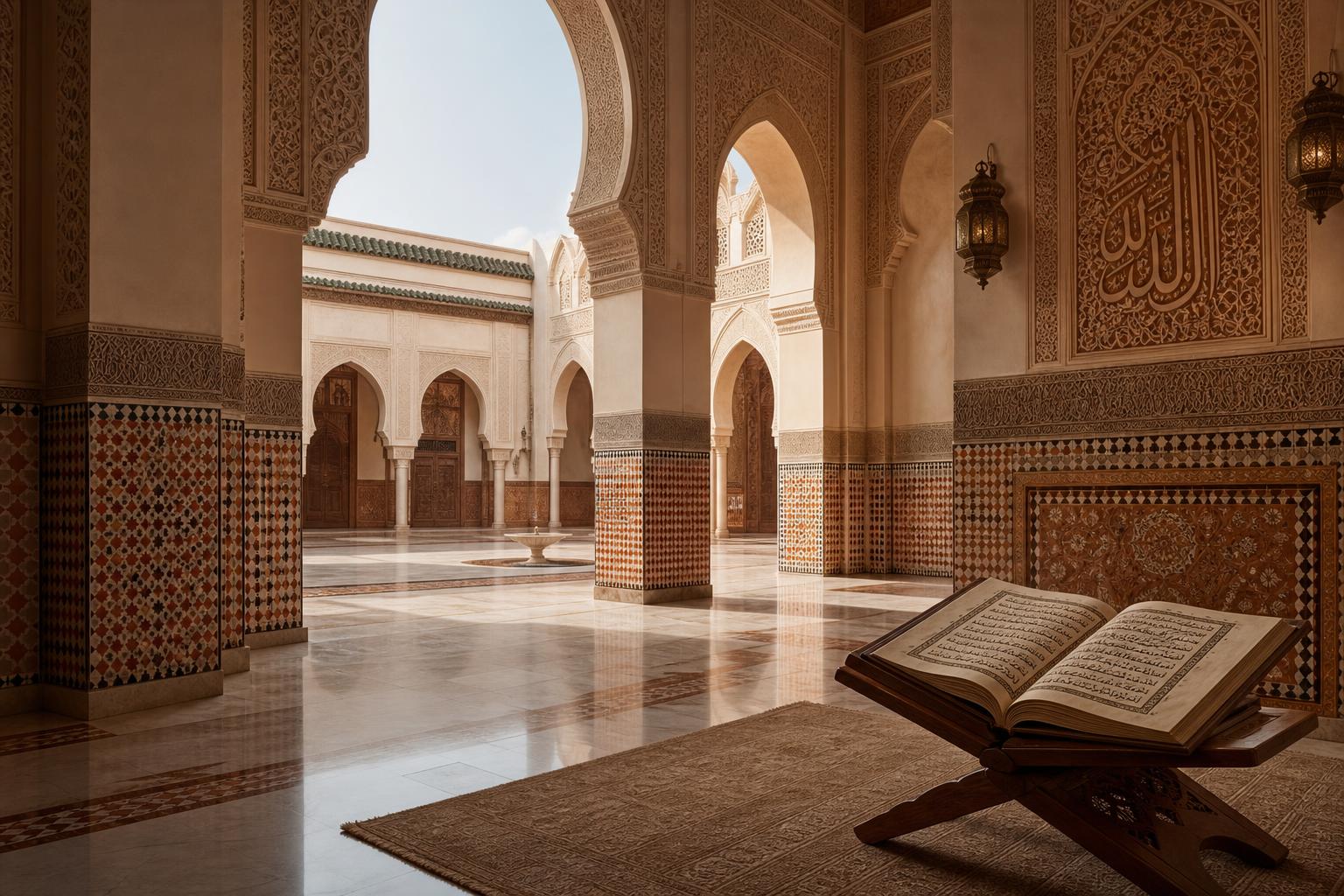 Cour de mosquée arabo-andalouse lumineuse avec un Coran ouvert sur un pupitre