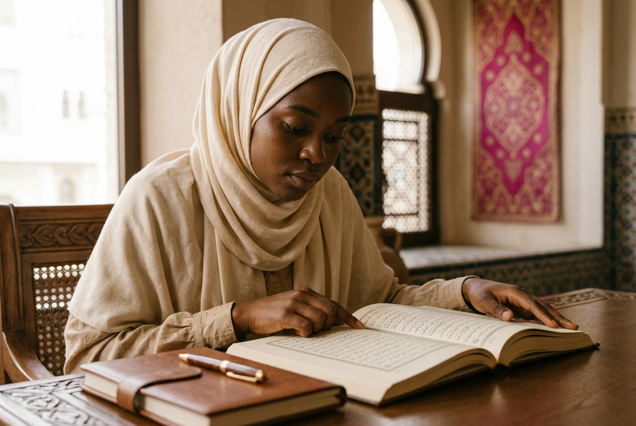 Femme musulmane noire étudiant le Coran dans une pièce lumineuse