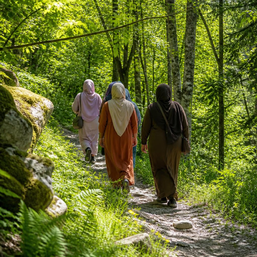 Femmes marchant ensemble sur un sentier naturel au cœur d'une forêt verdoyante